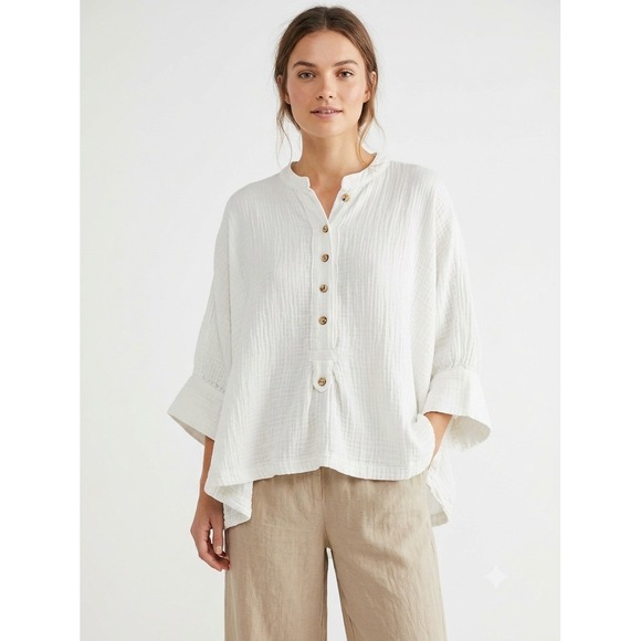 Free People Tops - Free People Coastal Grandma Boho White Gauze Button Down Oversized Blouse M